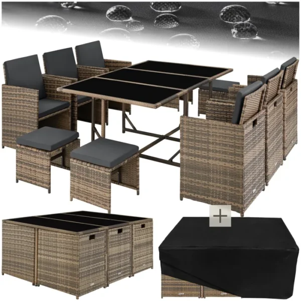 Salon de jardin - TECTAKE - Ensemble repas d'extérieur MALAGA 10 personnes pliable encastrable en rotin avec housse - Marron