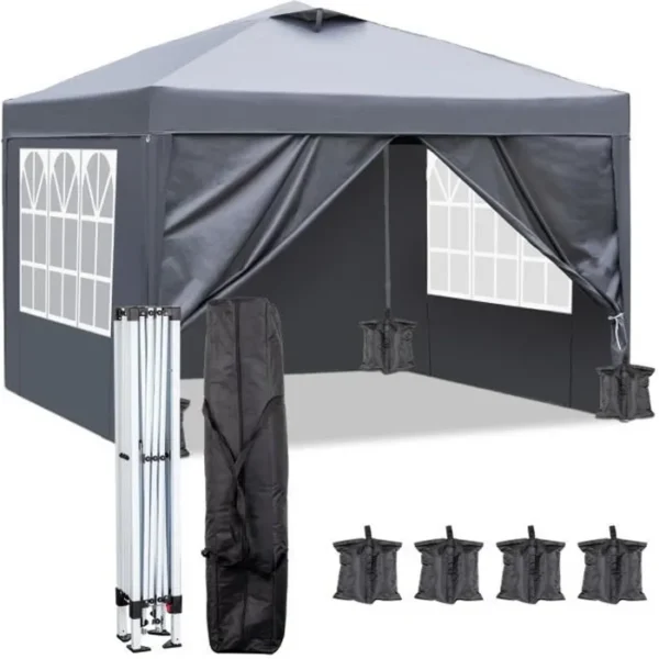 Tonnelle Pliant 3x3 m, Tonnelle de Jardin Imperméable avec 4 côtés, 4xsacs de sable,Pour la randonnée/Camping/Pique-niques, Gris
